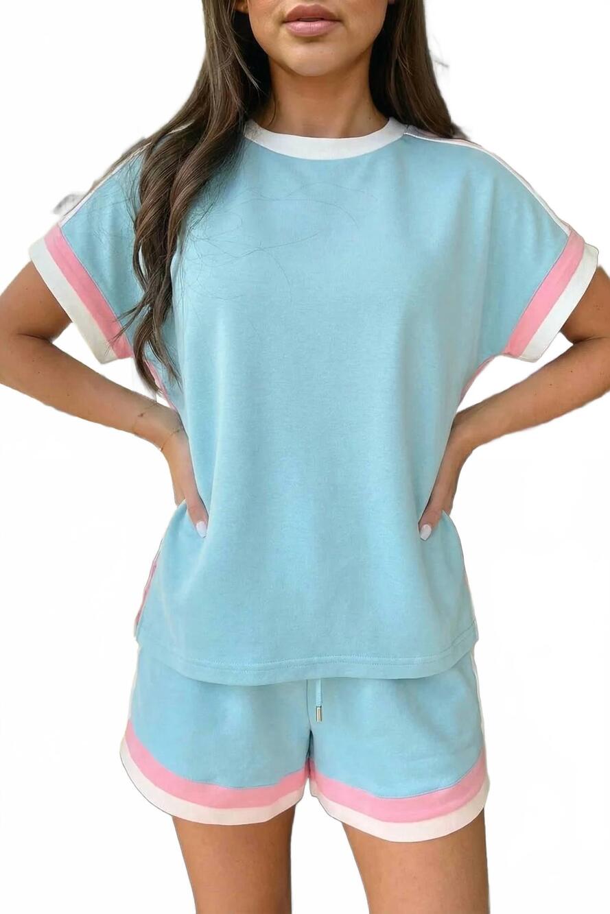 NEW SHEWIN striped trim casual tee and drawstring shorts set in light blue